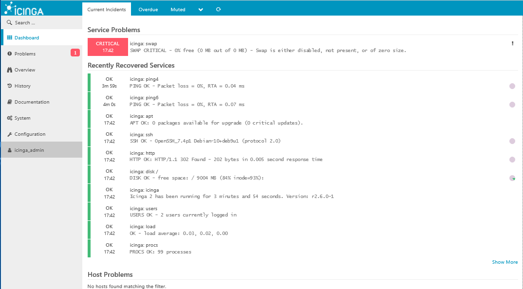 Icinga Dashboard and Current Incidents