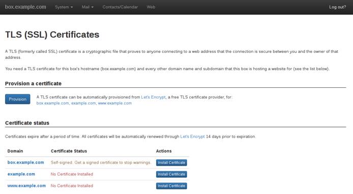 Control Panel - TLS Certificates Page