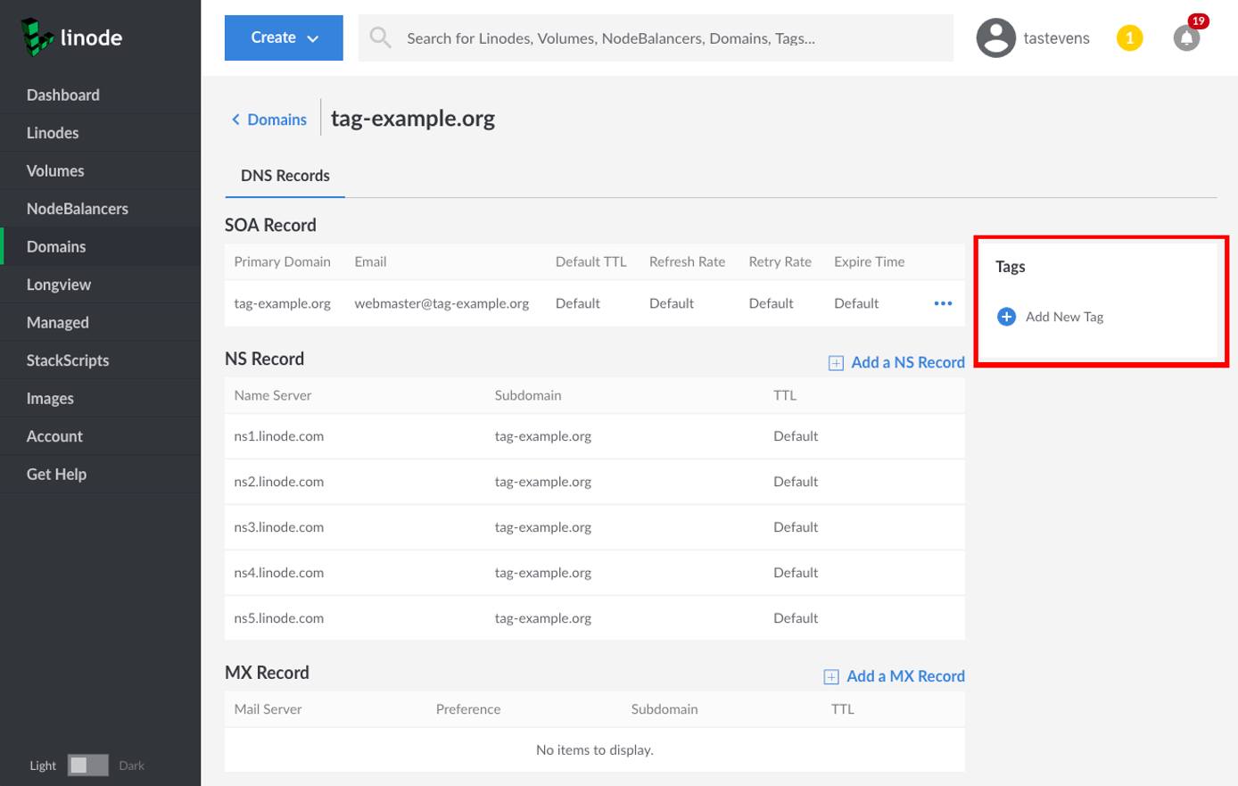 Location of Tags box for a domain